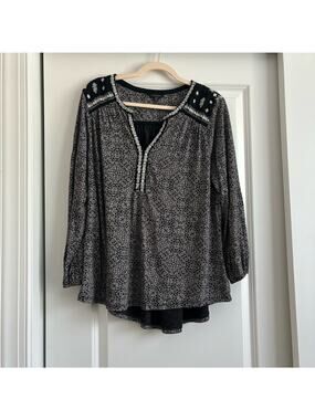 Lucky Brand Women Embroidered Peasant
Tunic Top Black White Boho Blouse Sz 1X